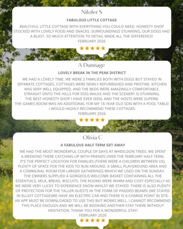 A Five Star February at Wheeldon Trees 🫶🏼From cosy luxury cottage stays and snowy Peak District walks to happy dogs and family escapes near Buxton…we look back at a truly special month! Big thanks to everyone who chose to stay with us.#FiveStarStay #GuestReviews #EscapeToTheCountry #BoutiqueStay #LovedByGuests